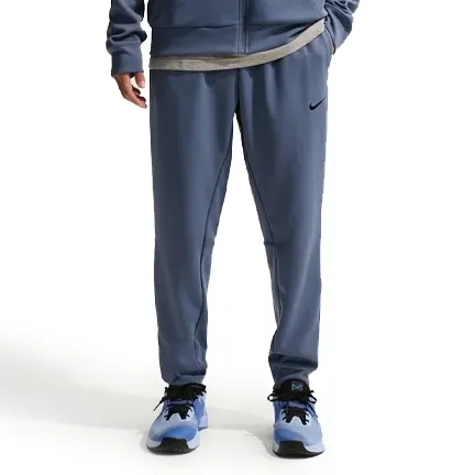 Calça jogger masculina azul escuro com cós elástico e cordão ajustável, vista traseira com logo Nike na perna esquerda